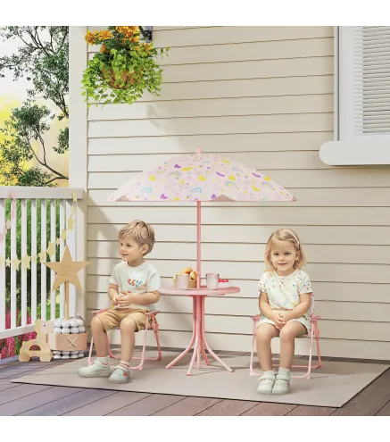 Conjunto Infantil de Jardín Plegable con 2 Sillas Mesa y Sombrilla Ajustable para Niños de 2 a 5 Años Rosa