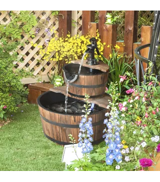 Fuente de Jardín de Madera en Cascada de 2 Niveles con Bomba Eléctrica y Salida de Agua Ajustable 44,5x44,5x58,5 cm Natural