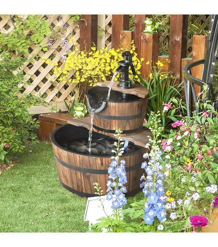 Fuente de Jardín de Madera en Cascada de 2 Niveles con Bomba Eléctrica y Salida de Agua Ajustable 44,5x44,5x58,5 cm Natural