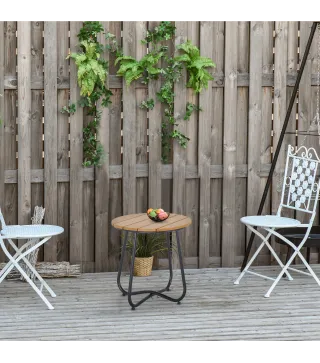 Mesa Redonda de Jardín con Diseño de Listones y Patas Ajustables para Terraza Balcón y Jardín Ø49x48 cm Madera y Negro
