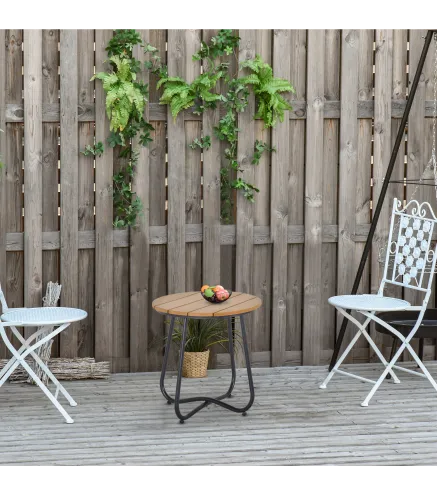 Mesa Redonda de Jardín con Diseño de Listones y Patas Ajustables para Terraza Balcón y Jardín Ø49x48 cm Madera y Negro