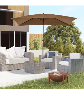 Sombrilla de Aluminio 198x294x255 Parasol Rectangular de Jardín Inclinable con Manivela y Poste Desmontable Café