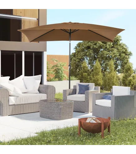Sombrilla de Aluminio 198x294x255 Parasol Rectangular de Jardín Inclinable con Manivela y Poste Desmontable Café