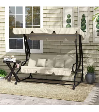 Balancín de Jardín Exterior de 3 Plazas Convertible en Cama con Toldo Ajustable y 2 Almohadas Carga 340 kg Crema