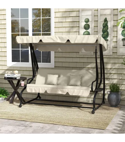 Balancín de Jardín Exterior de 3 Plazas Convertible en Cama con Toldo Ajustable y 2 Almohadas Carga 340 kg Crema