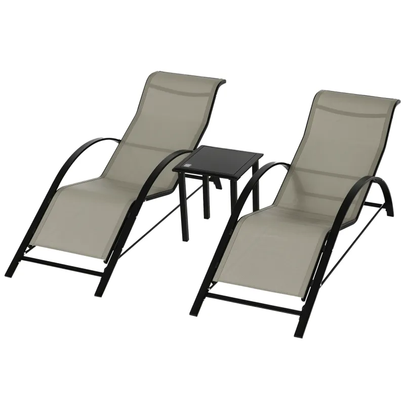 Set de 2 Tumbonas Jardín Exterior con Mesa Auxiliar de Vidrio Templado Tumbonas con Reposabrazos para Patio Terraza Gris