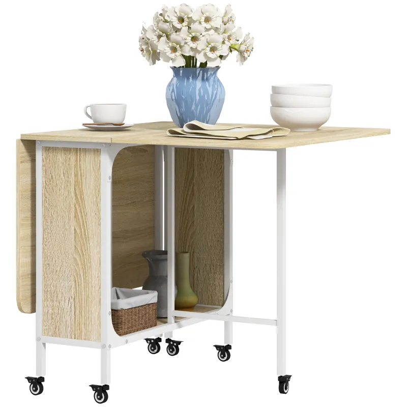 Mesa de Cocina Plegable con Ruedas Alas Abatibles y Estante Mesa Plegable para Salón 130x80x74 cm Madera Natural Mesa de Cocina Plegable con Ruedas Alas Abatibles y Estante Mesa Plegable para Salón 130x80x74 cm Madera Natural