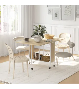 Mesa de Cocina Plegable con Ruedas Alas Abatibles y Estante Mesa Plegable para Salón 130x80x74 cm Madera Natural