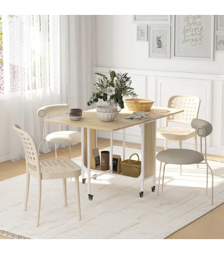 Mesa de Cocina Plegable con Ruedas Alas Abatibles y Estante Mesa Plegable para Salón 130x80x74 cm Madera Natural