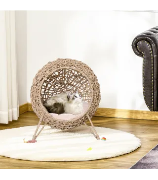 Cama Cueva de Ratán para Gatos o Mascotas Pequeña con Base Trípode Cojín de Felpa y Algodón Suave Diseño Elevado Estable Φ52x58