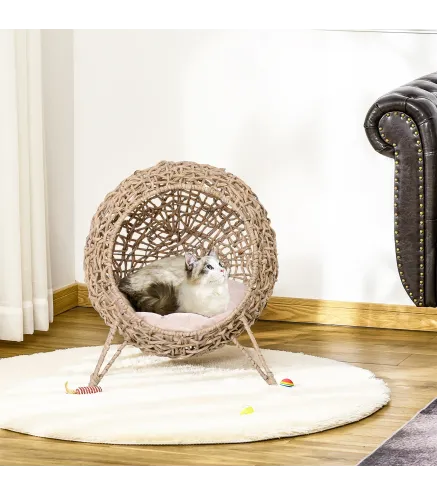 Cama Cueva de Ratán para Gatos o Mascotas Pequeña con Base Trípode Cojín de Felpa y Algodón Suave Diseño Elevado Estable Φ52x58
