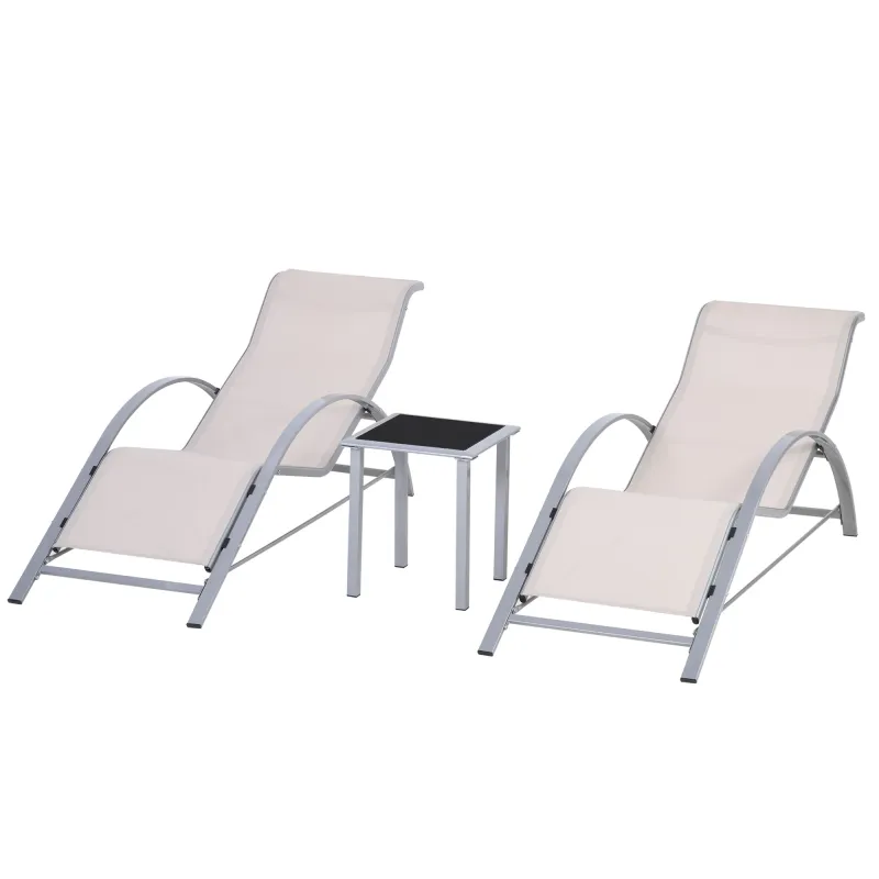 Set de 2 Tumbonas Jardín Exterior con Mesa Auxiliar de Vidrio Templado Tumbonas con Respaldo Reposabrazos para Patio Piscina Ter