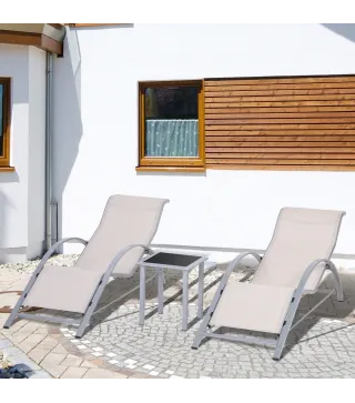 Set de 2 Tumbonas Jardín Exterior con Mesa Auxiliar de Vidrio Templado Tumbonas con Respaldo Reposabrazos para Patio Piscina Ter