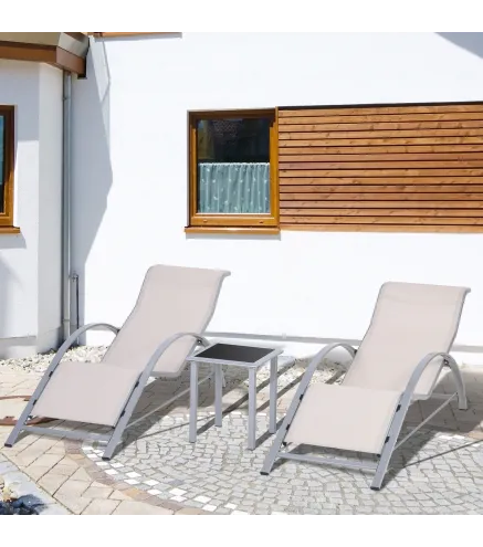 Set de 2 Tumbonas Jardín Exterior con Mesa Auxiliar de Vidrio Templado Tumbonas con Respaldo Reposabrazos para Patio Piscina Ter