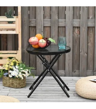 Mesa de Vidrio Redonda Plegable Mesa de Jardín con Hebilla de Seguridad Borde Cubierto de Metal Patio Interior y Exterior Ø45x50