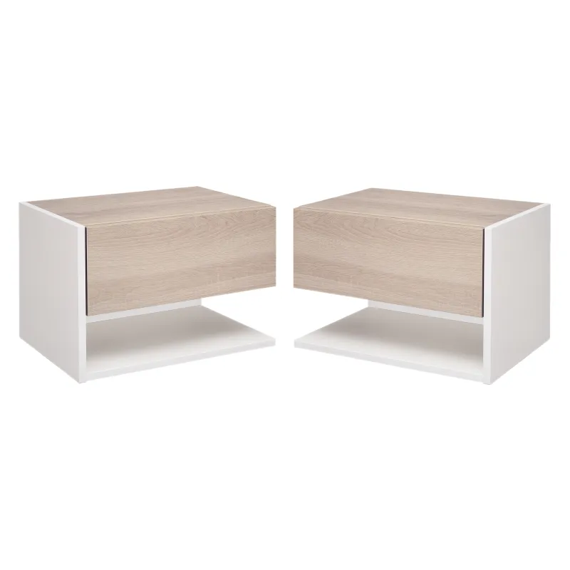 Juego de 2 Mesitas de Noche Flotantes Mesitas de Noche Colgantes con 1 Cajón y Estante Abierto 46x30x30cm Roble y Blanco