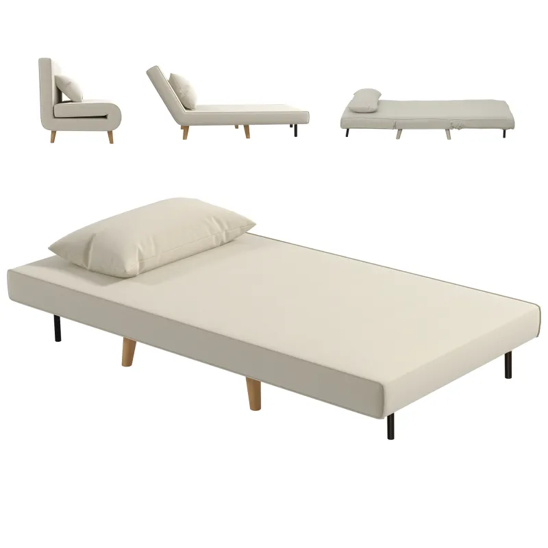 Sillón Cama Plegable con Respaldo Ajustable en 6 Posiciones Almohada Acolchada Carga 350 kg 94x78x80 cm Crema