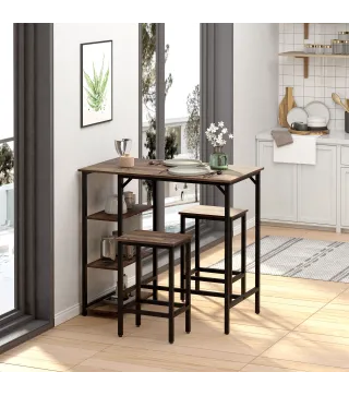 Set de Mesa de Bar y 2 Taburetes con Reposapiés y Estantes de 3 Niveles Almohadillas 109x60x100 cm Marrón Rústico
