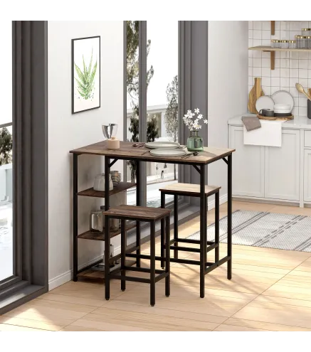 Set de Mesa de Bar y 2 Taburetes con Reposapiés y Estantes de 3 Niveles Almohadillas 109x60x100 cm Marrón Rústico