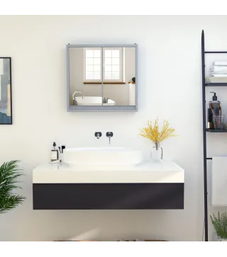 Armario de Baño con Espejo con 2 Puertas y Estante Ajustable Mueble Colgante de Baño para Aseo Estilo Moderno 48x14,5x45 cm Gris