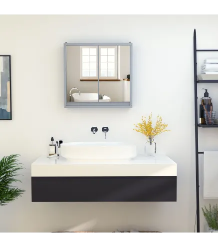 Armario de Baño con Espejo con 2 Puertas y Estante Ajustable Mueble Colgante de Baño para Aseo Estilo Moderno 48x14,5x45 cm Gris