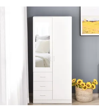 Armario Ropero de 2 Puertas con Espejo 3 Cajones Estantes Ajustables y Barra para Colgar Incluida 80x50x180 cm Blanco