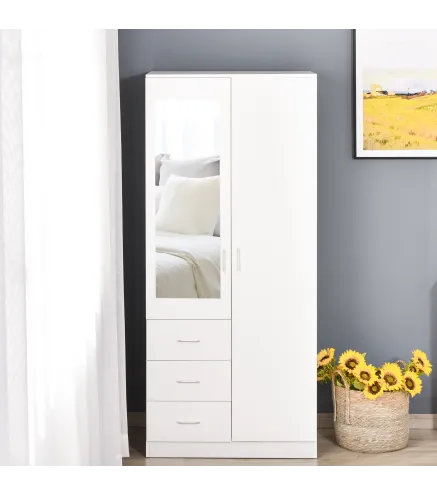 Armario Ropero de 2 Puertas con Espejo 3 Cajones Estantes Ajustables y Barra para Colgar Incluida 80x50x180 cm Blanco