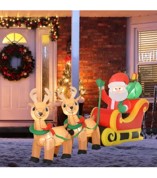 Papá Noel Inflable con Trineo y Renos con Luces LED Decoración de Navidad para Exterior con Inflador 240x57x112 cm