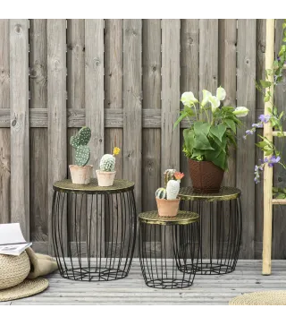 Juego de 3 Mesas Auxiliares Apilables para Jardín de Estilo Industrial Mesas de Metal con Encimera Imitación Ratán Negro