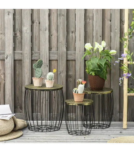 Juego de 3 Mesas Auxiliares Apilables para Jardín de Estilo Industrial Mesas de Metal con Encimera Imitación Ratán Negro