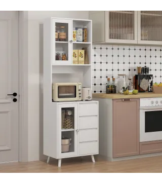 Alacena de Cocina Aparador con 2 Puertas de Vidrio Compartimentos 4 Cajones y Estantes Ajustables 60x35x180 cm Blanco