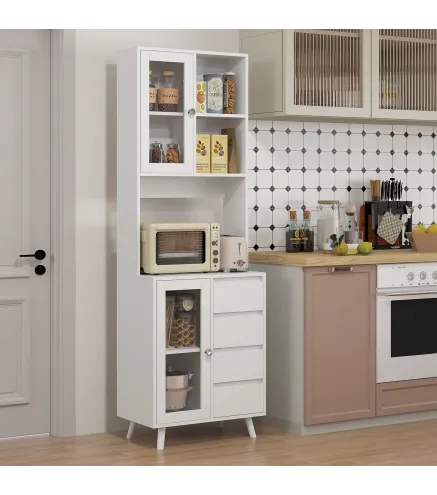 Alacena de Cocina Aparador con 2 Puertas de Vidrio Compartimentos 4 Cajones y Estantes Ajustables 60x35x180 cm Blanco