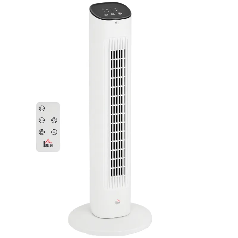 Ventilador de Torre 50W con Control Remoto 3 Velocidades Temporizador 15h Oscilación Pantalla LED 30x30x78 cm Blanco