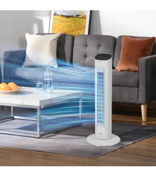 Ventilador de Torre 50W con Control Remoto 3 Velocidades Temporizador 15h Oscilación Pantalla LED 30x30x78 cm Blanco