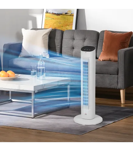 Ventilador de Torre 50W con Control Remoto 3 Velocidades Temporizador 15h Oscilación Pantalla LED 30x30x78 cm Blanco