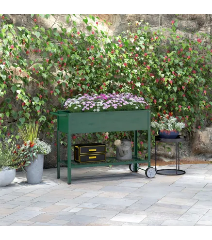 Huerto Urbano Elevado 109x44x80 cm con 2 Ruedas Estante y Asa para Cultivo Plantas Flores Verduras Verde