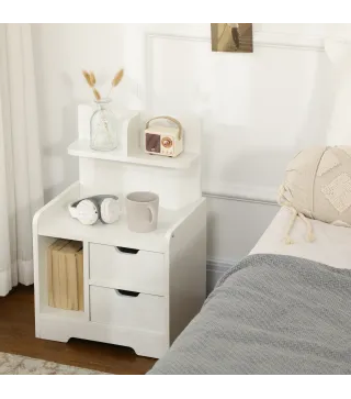 Mesilla de Noche con 2 Cajones y 3 Compartimientos de Almacenajes para Salón Dormitorio Carga 30 kg 40x30x60 cm Blanco