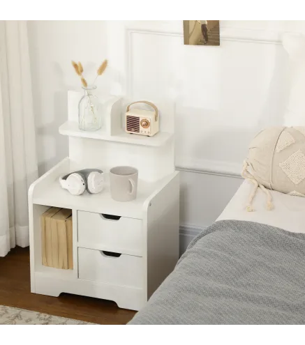 Mesilla de Noche con 2 Cajones y 3 Compartimientos de Almacenajes para Salón Dormitorio Carga 30 kg 40x30x60 cm Blanco