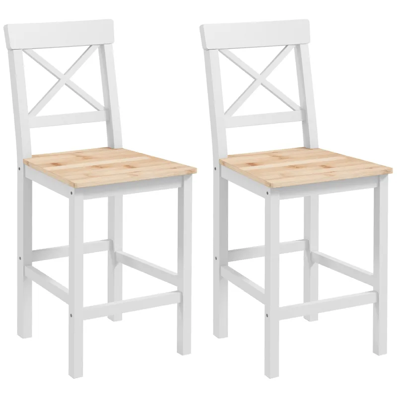 Taburetes Altos de Cocina de Madera Altura Asiento 60,2 cm con Respaldo y Reposapiés 41x46x97,5 cm Natural y Blanco