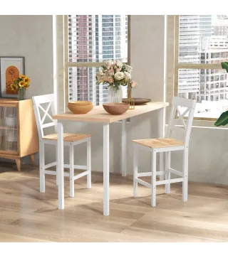 Taburetes Altos de Cocina de Madera Altura Asiento 60,2 cm con Respaldo y Reposapiés 41x46x97,5 cm Natural y Blanco