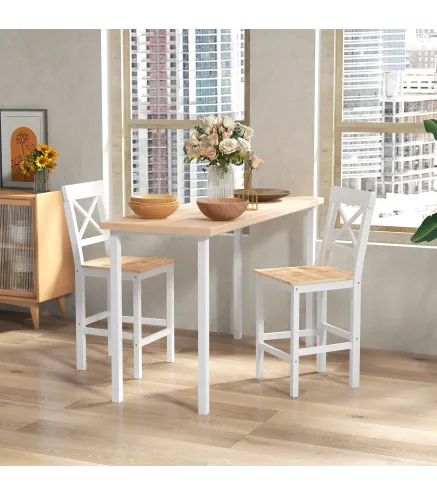 Taburetes Altos de Cocina de Madera Altura Asiento 60,2 cm con Respaldo y Reposapiés 41x46x97,5 cm Natural y Blanco