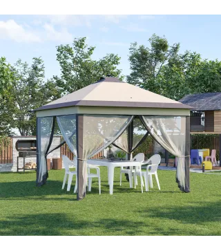 Carpa Plegable con Luces LED 3,3x3,3 m Cenador de Jardín con Control Remoto con 4 Mosquiteras Altura Ajustable Beige