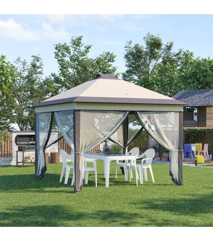 Carpa Plegable con Luces LED 3,3x3,3 m Cenador de Jardín con Control Remoto con 4 Mosquiteras Altura Ajustable Beige