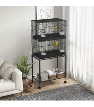Pajarera Doble Apilable 77x46x164 cm con Ruedas Perchas Bandeja Extraíble Columpio y Escalera Negro