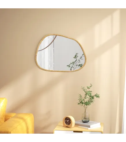 Espejo de Pared Decorativo 70x50 cm con Forma Irregular y Marco de Madera Horizontal o Vertical Natural