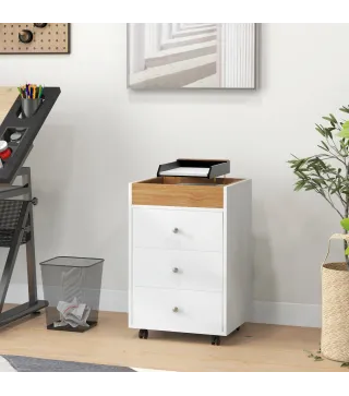 Cajonera de Oficina con 4 Ruedas 3 Cajones y 1 Bandeja Extraíble Carga 30 kg 43x40x66,5 cm Blanco y Natural