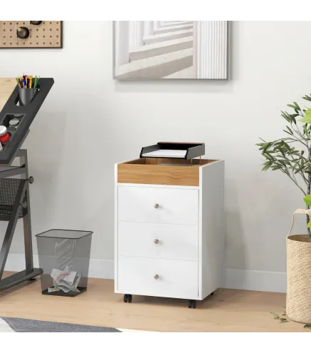Cajonera de Oficina con 4 Ruedas 3 Cajones y 1 Bandeja Extraíble Carga 30 kg 43x40x66,5 cm Blanco y Natural