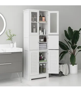 Mueble Auxiliar de Baño con 6 Puertas Estantes Ajustables Antivuelco Armario de Baño Moderno 60x30x170,5 cm Blanco