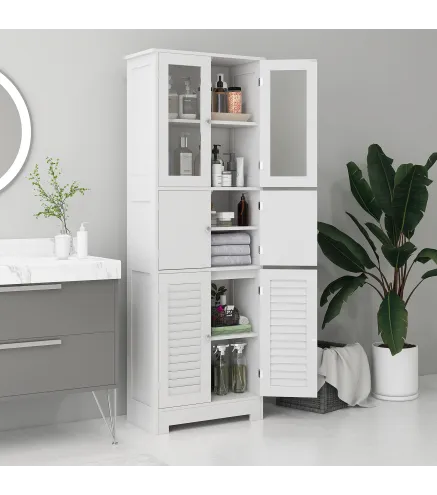 Mueble Auxiliar de Baño con 6 Puertas Estantes Ajustables Antivuelco Armario de Baño Moderno 60x30x170,5 cm Blanco
