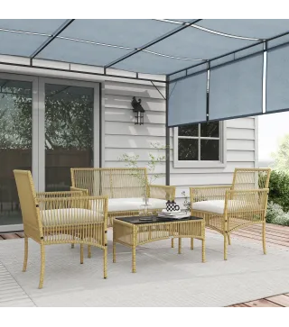 Juego de 4 Piezas Muebles de Terraza con 1 Sofá de 2 Plazas 2 Sillones y 1 Mesa de Centro con Encimera de Cristal Beige